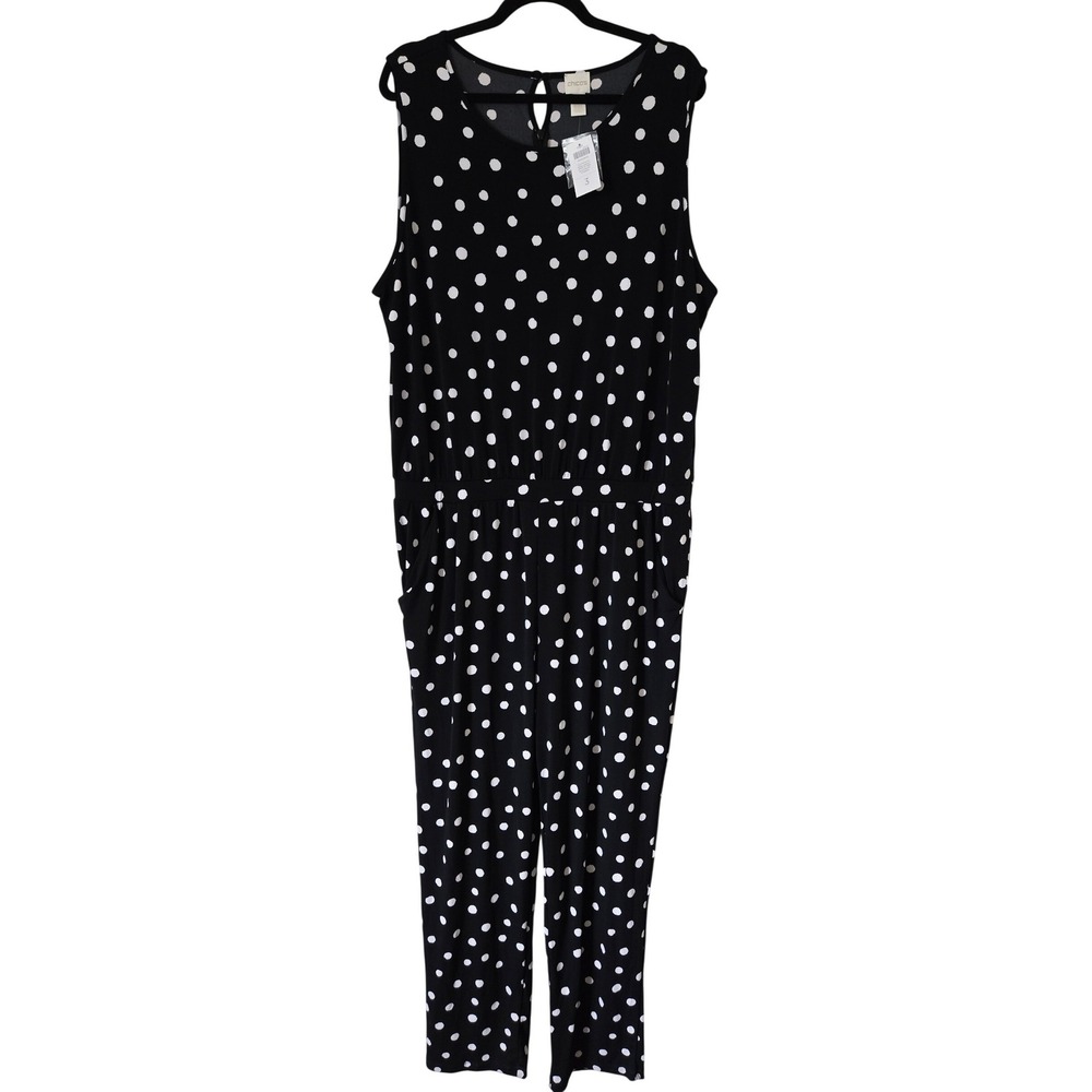 NWT Chico's 3 Annie Jumpsuit Womens Black White Polka Dot Pockets XL